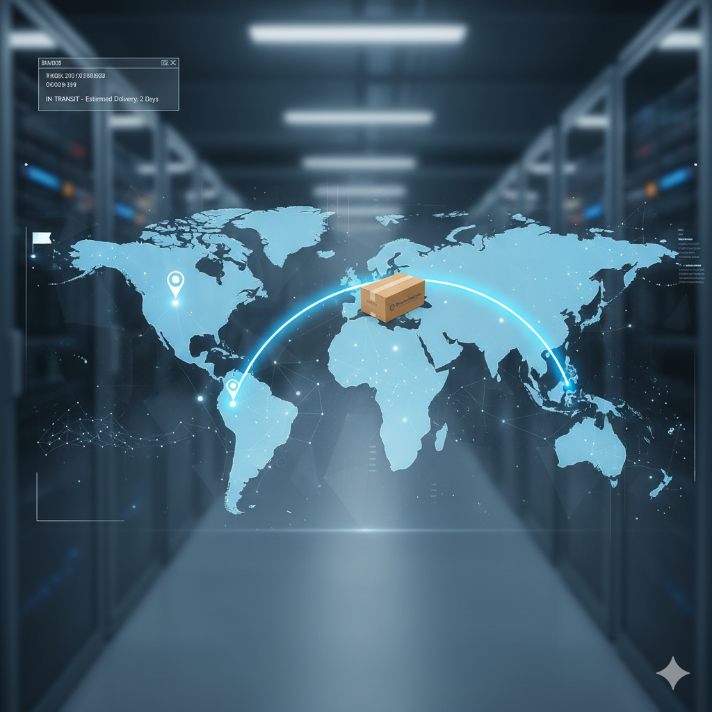 Package in transit on a world map